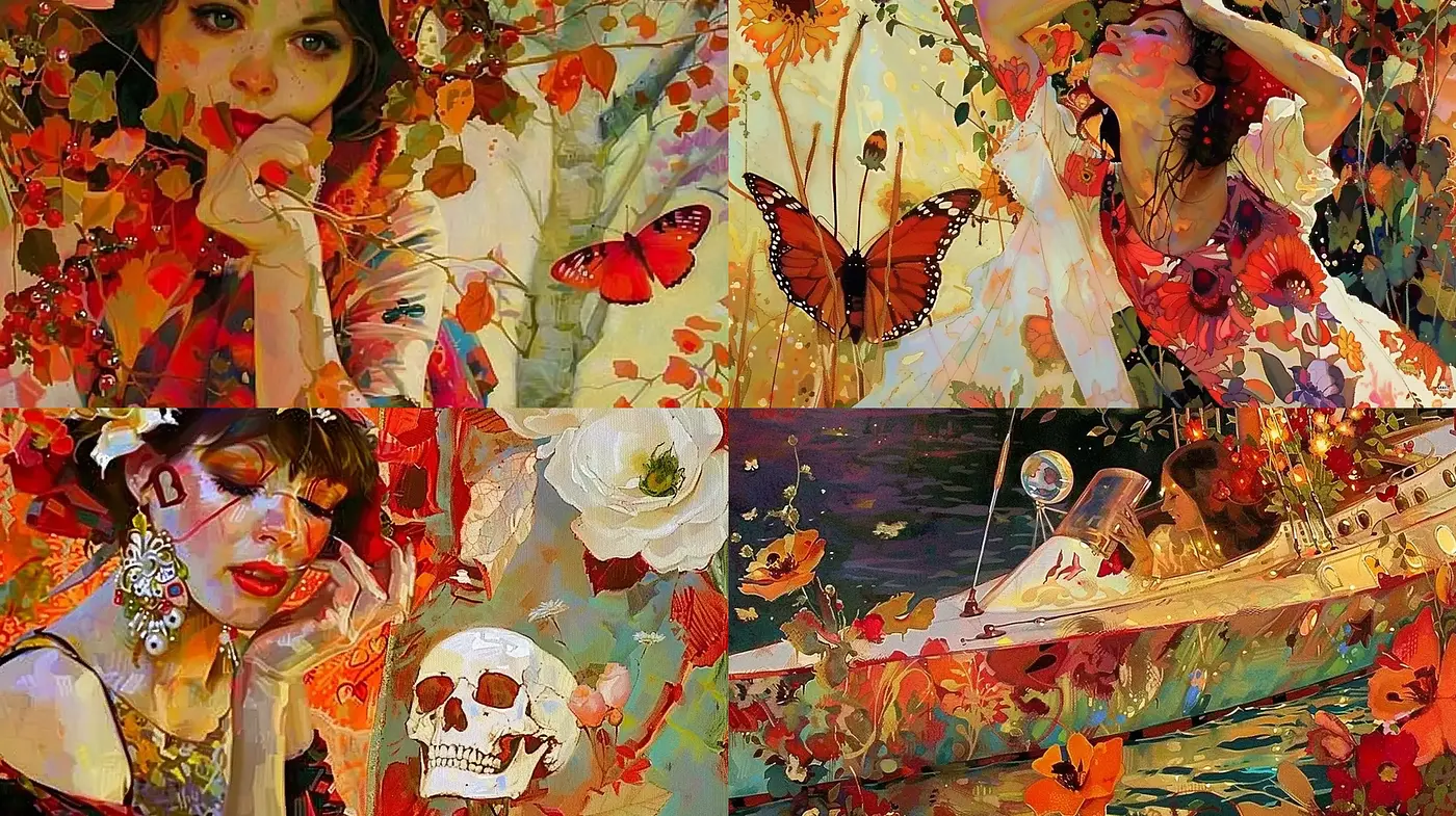 Lush Expressive Montage with Floral and Fauna Overtones - Midjourney sref style