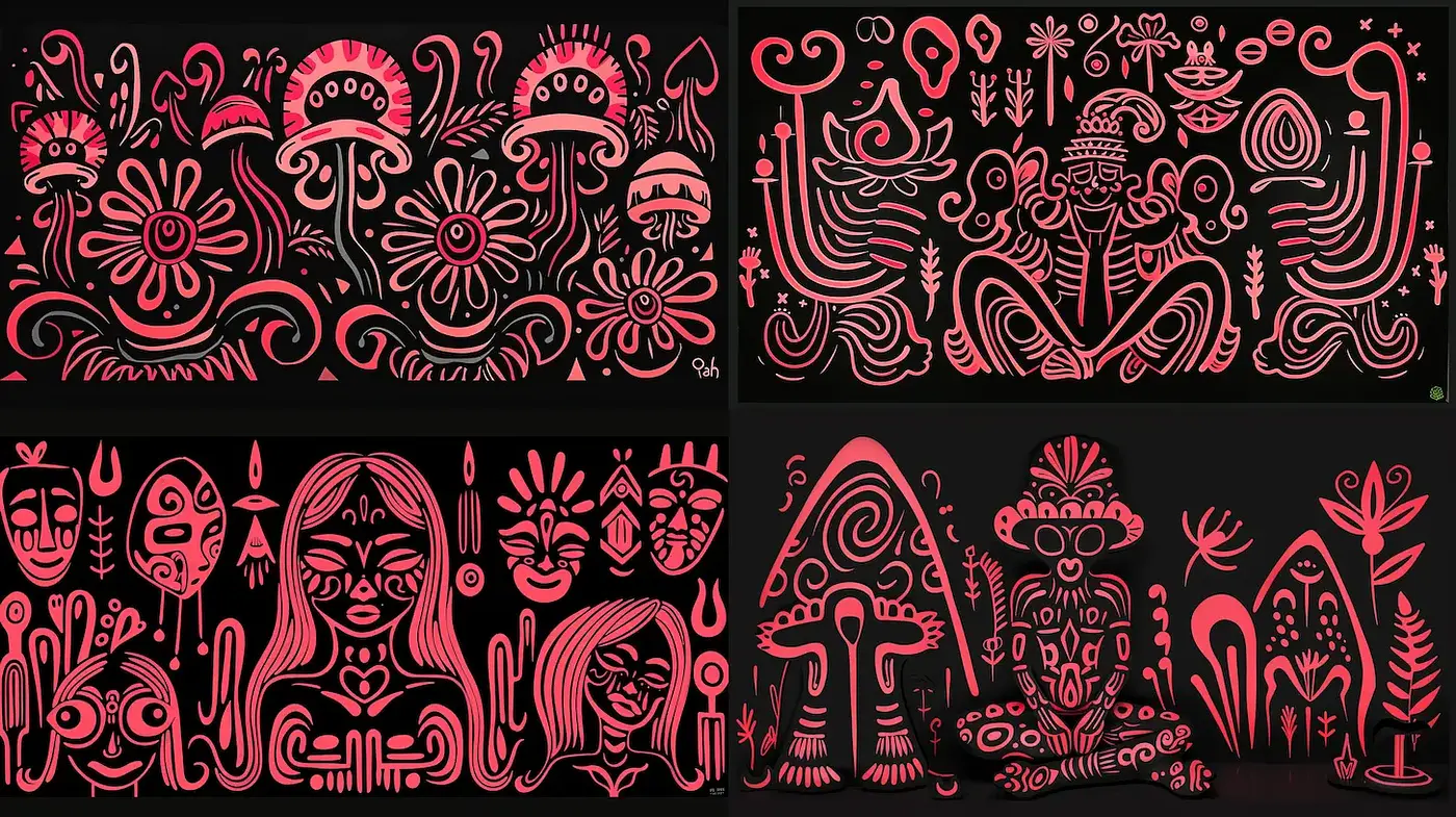 Abstract Neon Art with Folk Influences and Whimsical Elements - Midjourney sref style