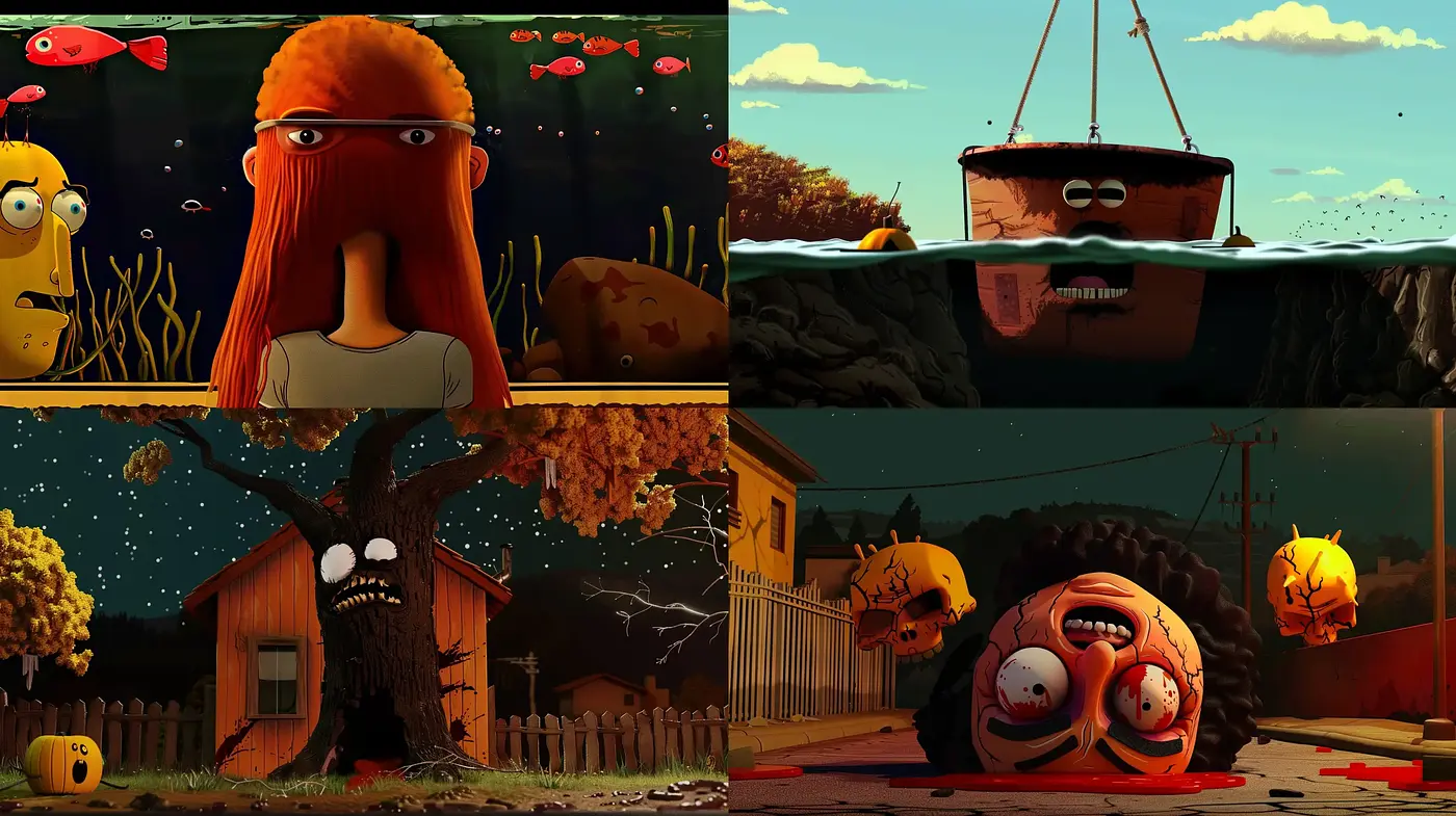 Whimsically Dark Cartoon Renderings with Autumnal Undertones - Midjourney sref style