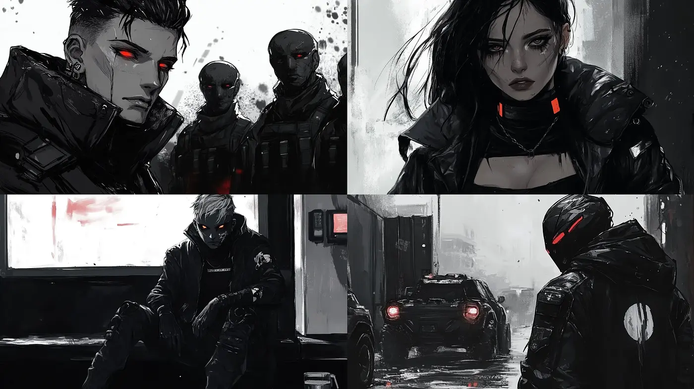 Neo-Noir Cyberpunk Synthesis with Stylized Red Accents - Midjourney sref style