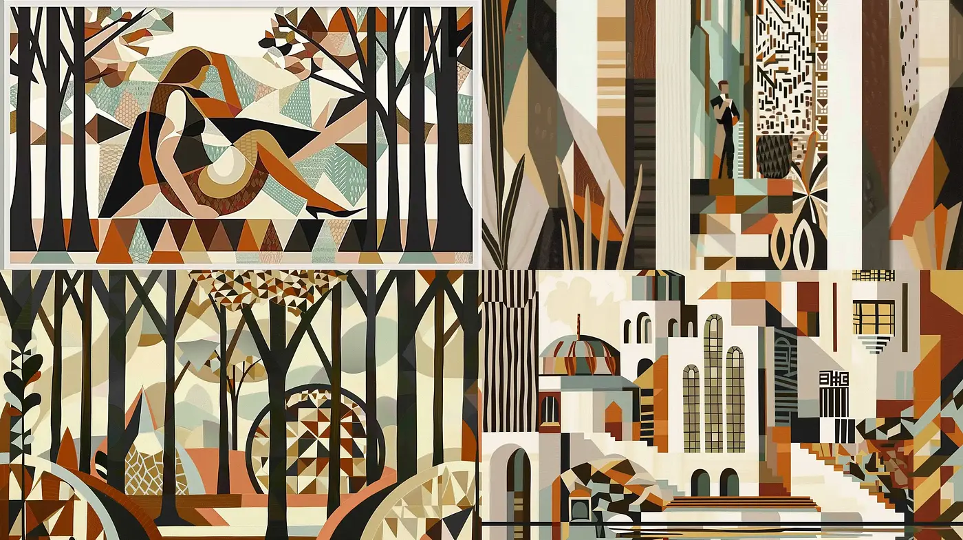 Geometric Harmony: A Fusion of Art Deco Elegance and Cubist Abstraction - Midjourney sref style
