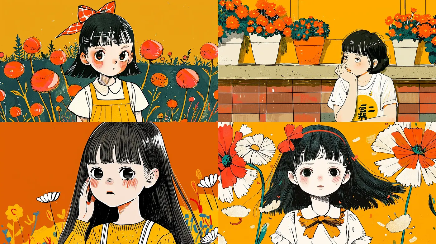 Consistent Amber Hues in Whimsical Anime-Inspired Illustrations - Midjourney sref style