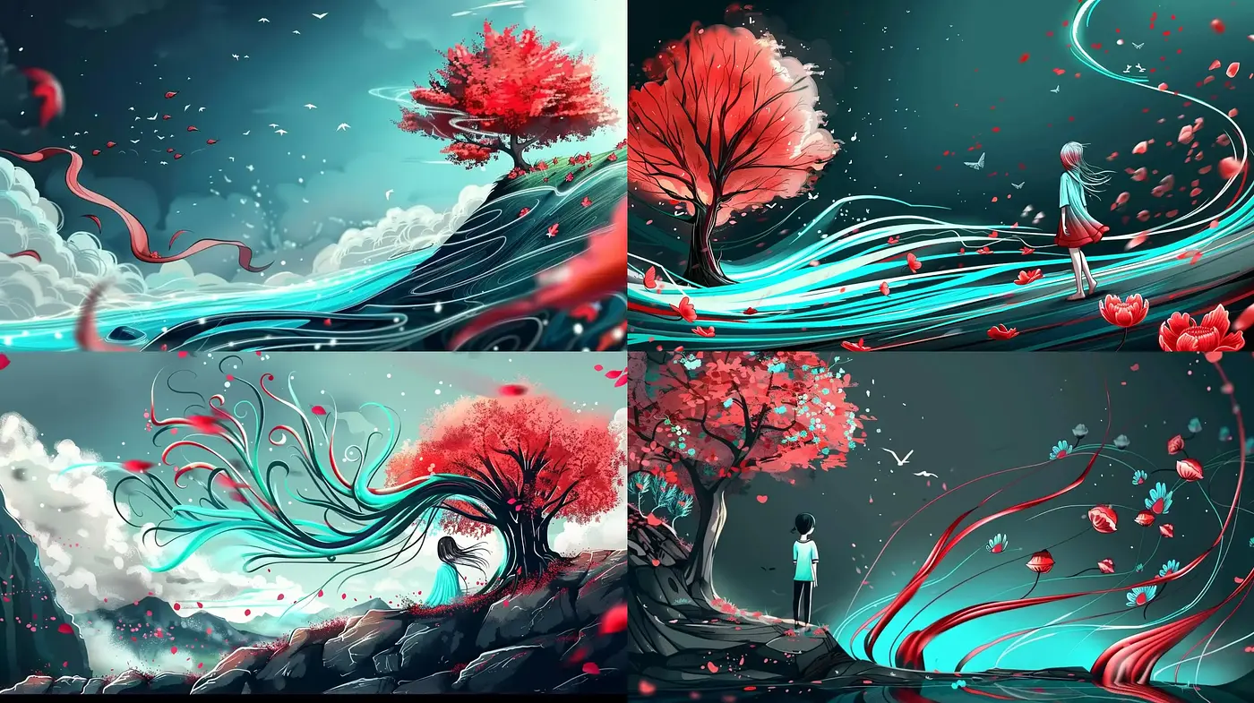 Ethereal Red Accentuated Dreamscape in Surreal Illustration - Midjourney sref style
