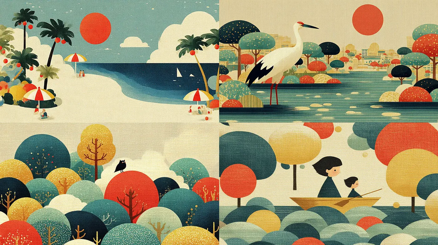 Whimsical and Minimalist Landscapes with a Retro Touch - Midjourney sref style