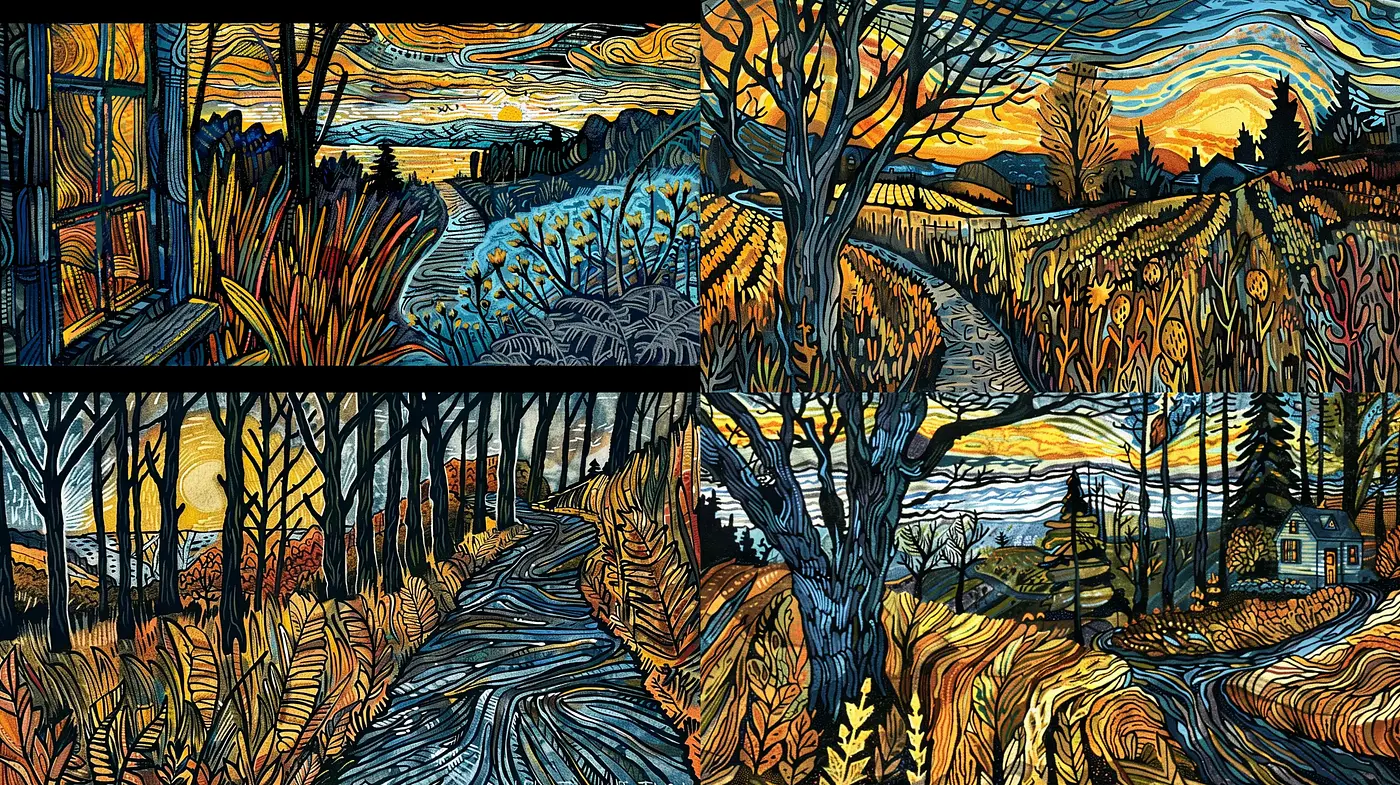 Stylized Natural Landscapes with Expressive Textural Brushwork - Midjourney sref style