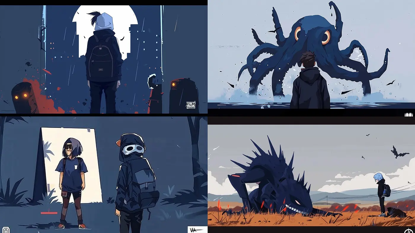 Mysterious Blue-Hued Digital Art with Narrative Elements - Midjourney sref style