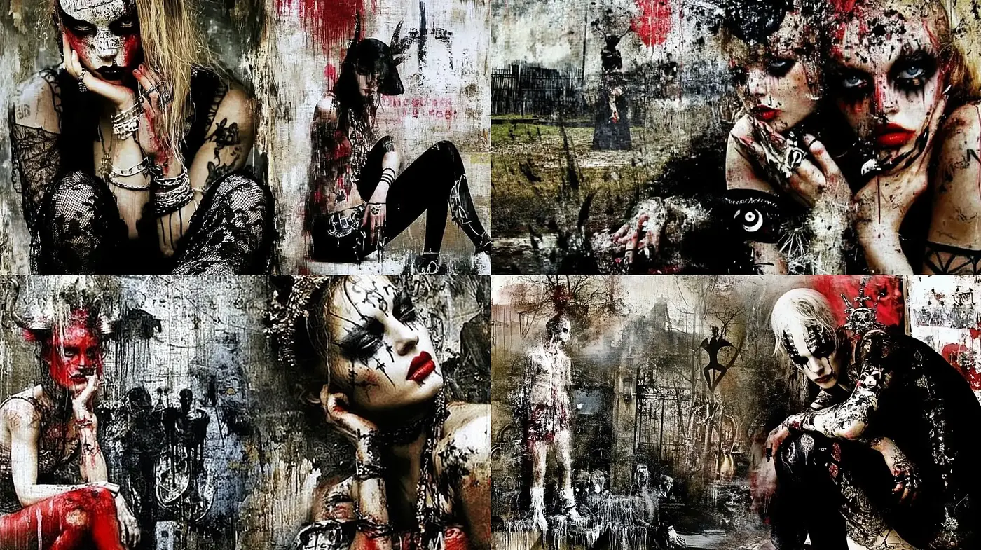 Gritty Textural Collage with a Gothic Noir Aesthetic - Midjourney sref style