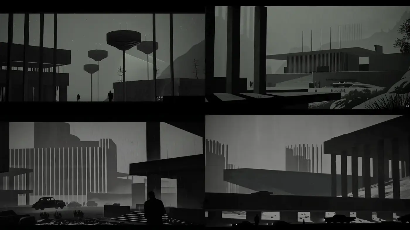 Monochromatic Architectural Landscapes with a Touch of Minimalism - Midjourney sref style