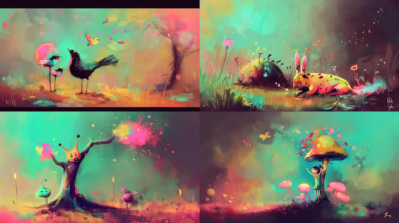 Whimsical Dreamscape with Vivid Hues and Enchanting Textures - Midjourney sref style