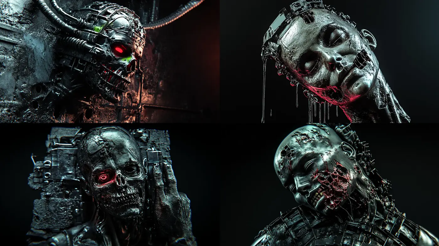 Eerie Cybernetic Decay: A Harrowing Glimpse into Dystopian Artistry - Midjourney sref style