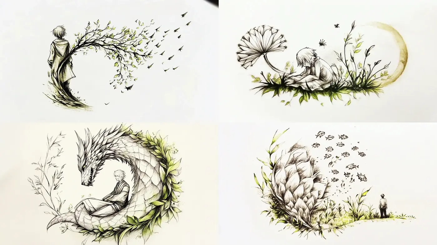 Whimsical Nature-Inspired Ink Illustrations - Midjourney sref style