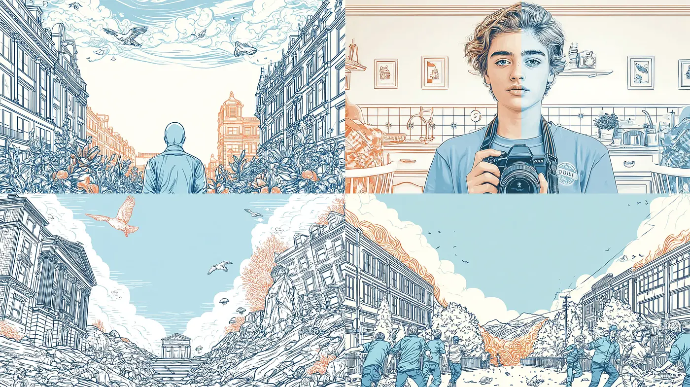 Stylized Urban Landscapes with Ethereal Quality and Figurative Elements - Midjourney sref style