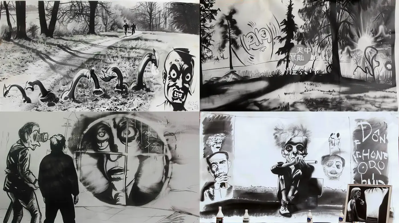 Bold and Expressive Black-and-White Visuals with Surreal Elements - Midjourney sref style