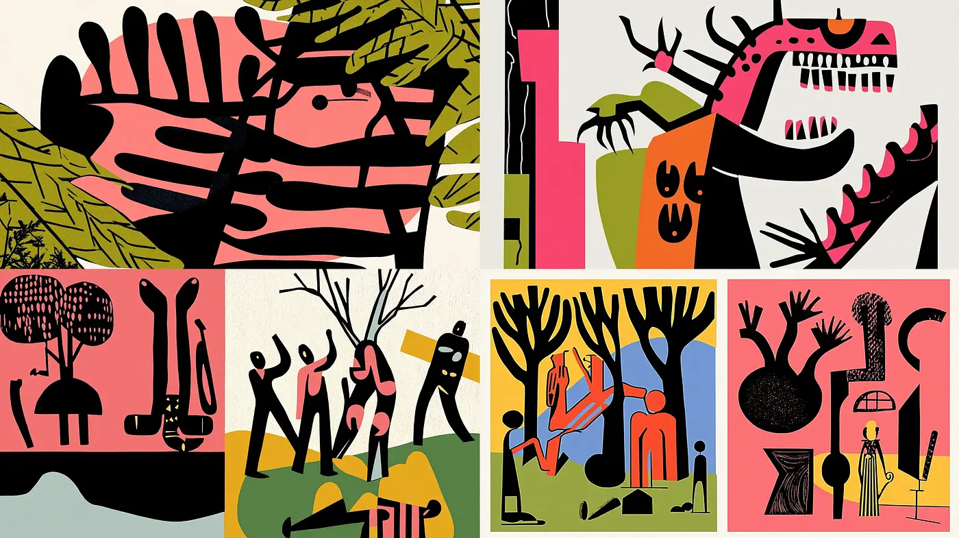Abstracted Mythical Narratives in Vivid Primitivism - Midjourney sref style