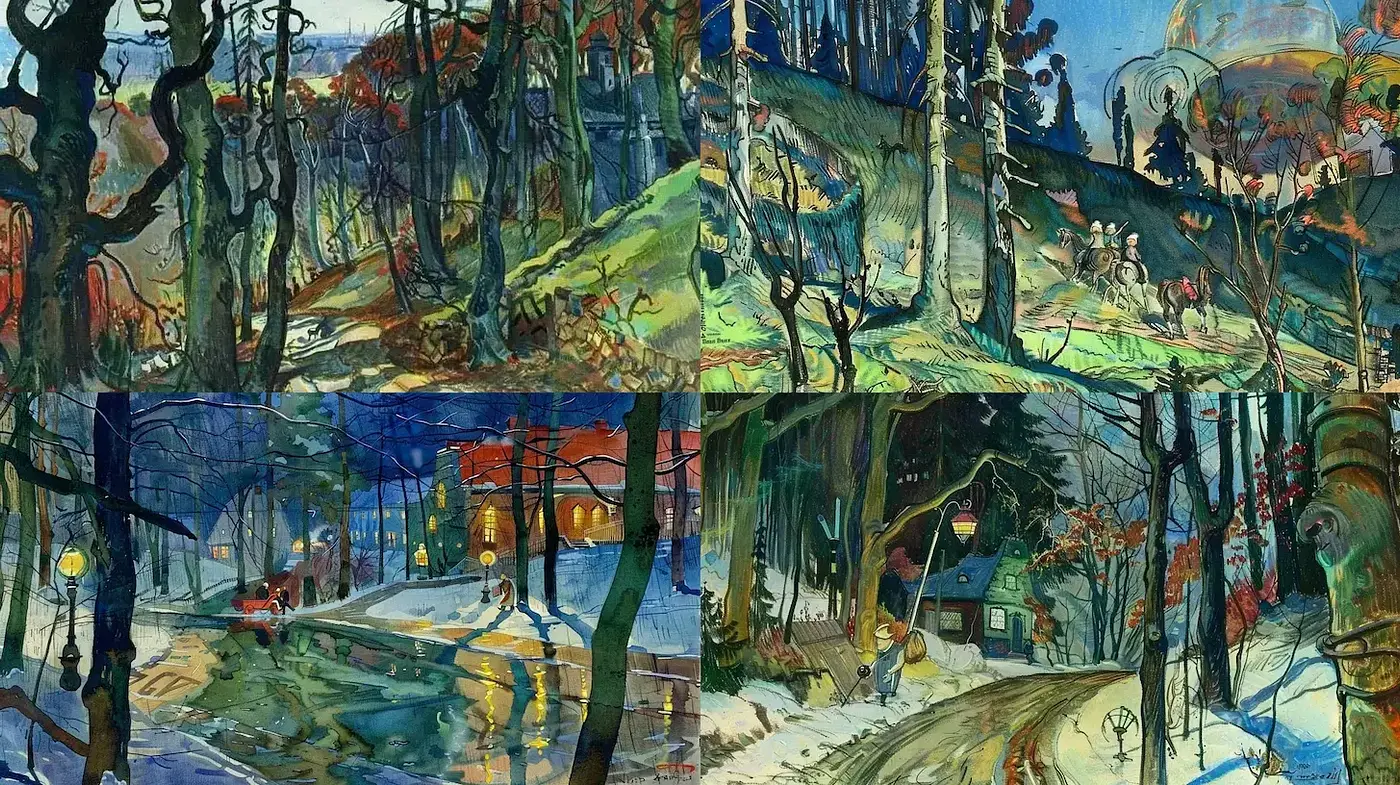 Expressive Landscape with Surreal Elements in a Vincent van Gogh Inspired Style - Midjourney sref style