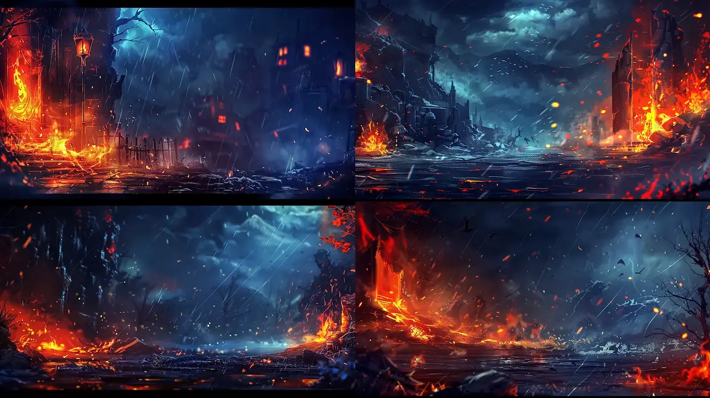 Dramatic and immersive fantasy landscape with a dystopian atmosphere - Midjourney sref style