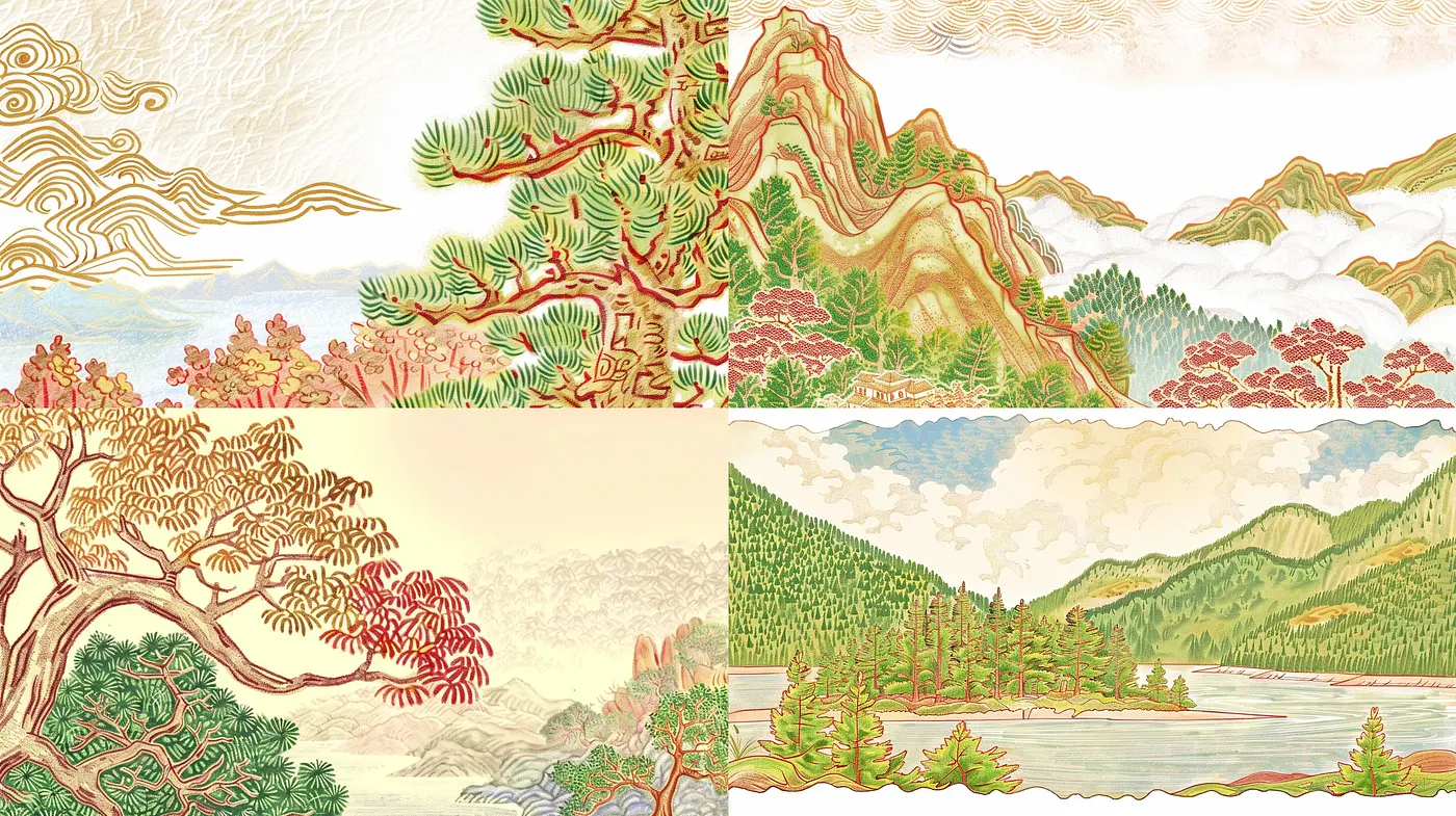 Ethereal Nature Tapestry: A Seamless Blend of Sublime Pastel Hues and Delicate Linework - Midjourney sref style