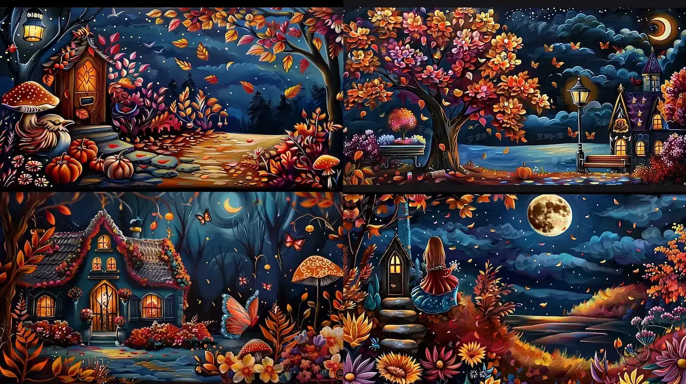 Whimsical Autumnal Scenes with Enchanting Night Skies - Midjourney sref style