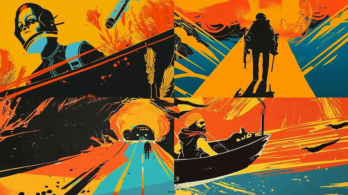 Retro-Futuristic Panorama of Vivid Contrasts and Dynamic Silhouettes - Midjourney sref style