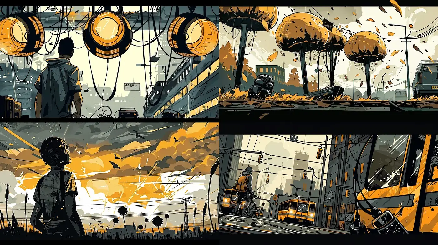 Dynamic Urban Scenes with a Vibrant, Graphic Style - Midjourney sref style