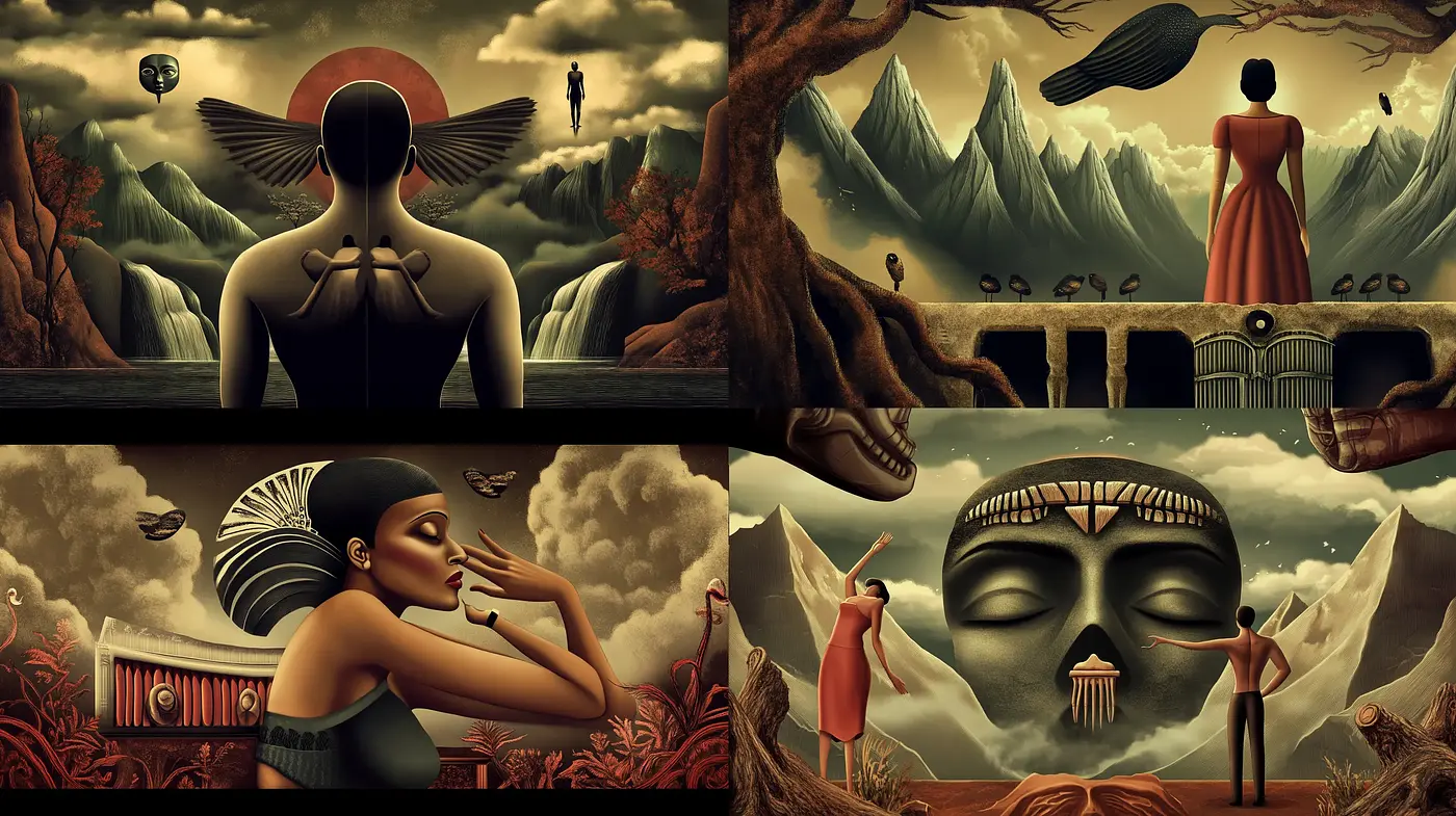 Surreal Dreamscape Synthesis with Earthy Tones and Ethereal Glow - Midjourney sref style