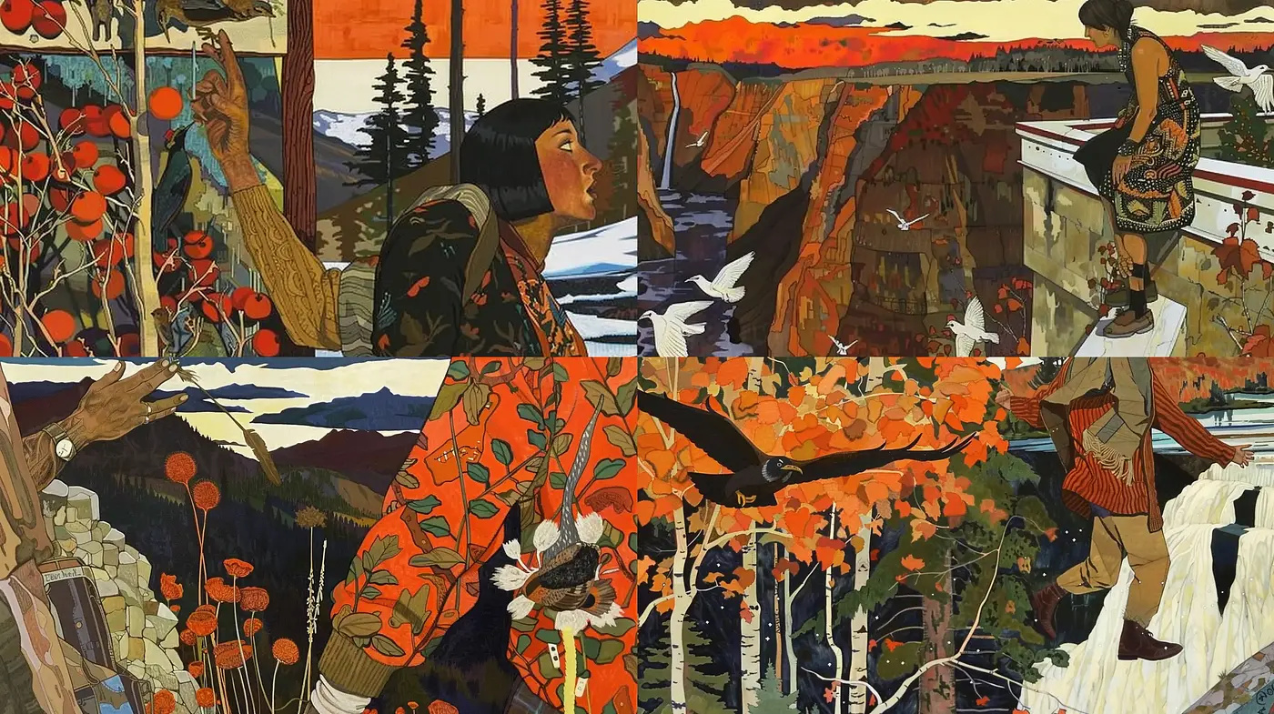 Autumnal Tapestry: A Mosaic of Harvest Hues and Stylized Nature - Midjourney sref style