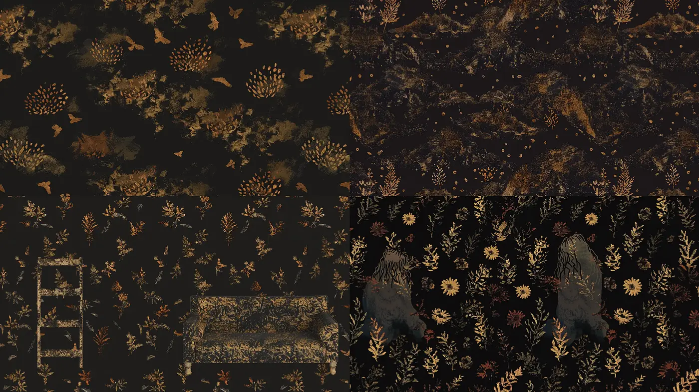 Ethereal Nocturne: A Synthesis of Dreamlike Metallic Hues and Botanical Motifs - Midjourney sref style