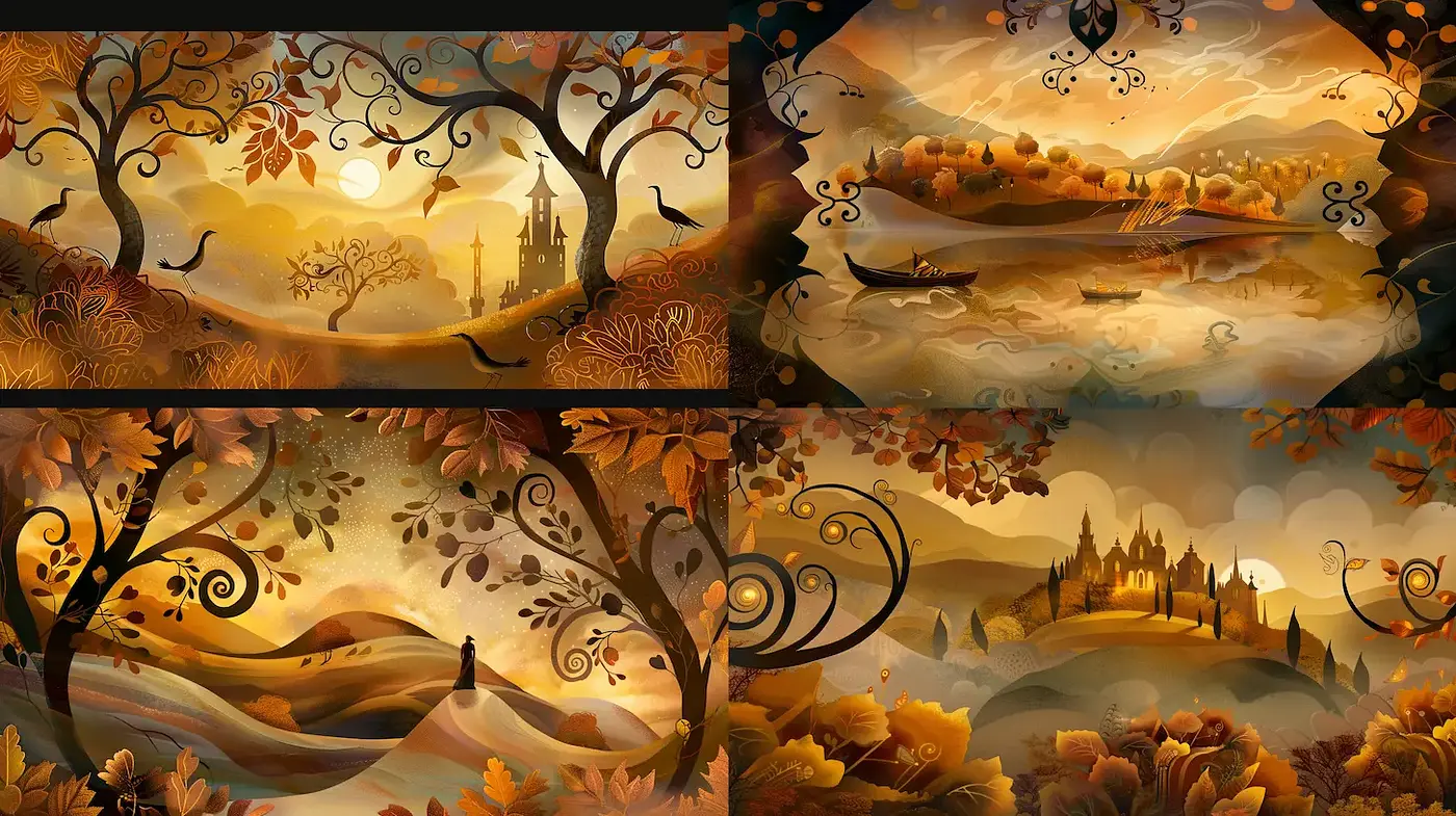 Whimsical Autumn Landscape with Ornate Design Elements - Midjourney sref style