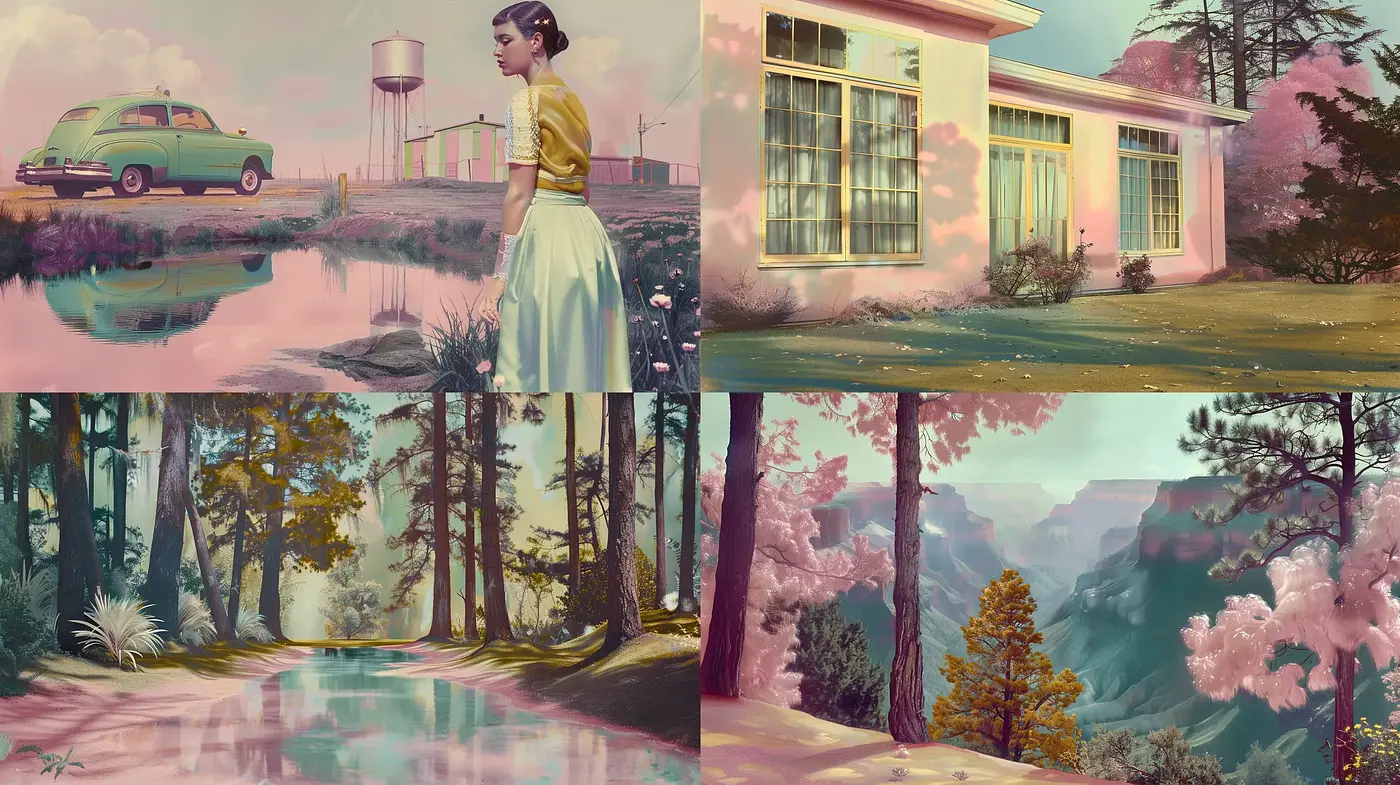 Consistent Nostalgic Hues and Pastel Dreamscape - Midjourney sref style