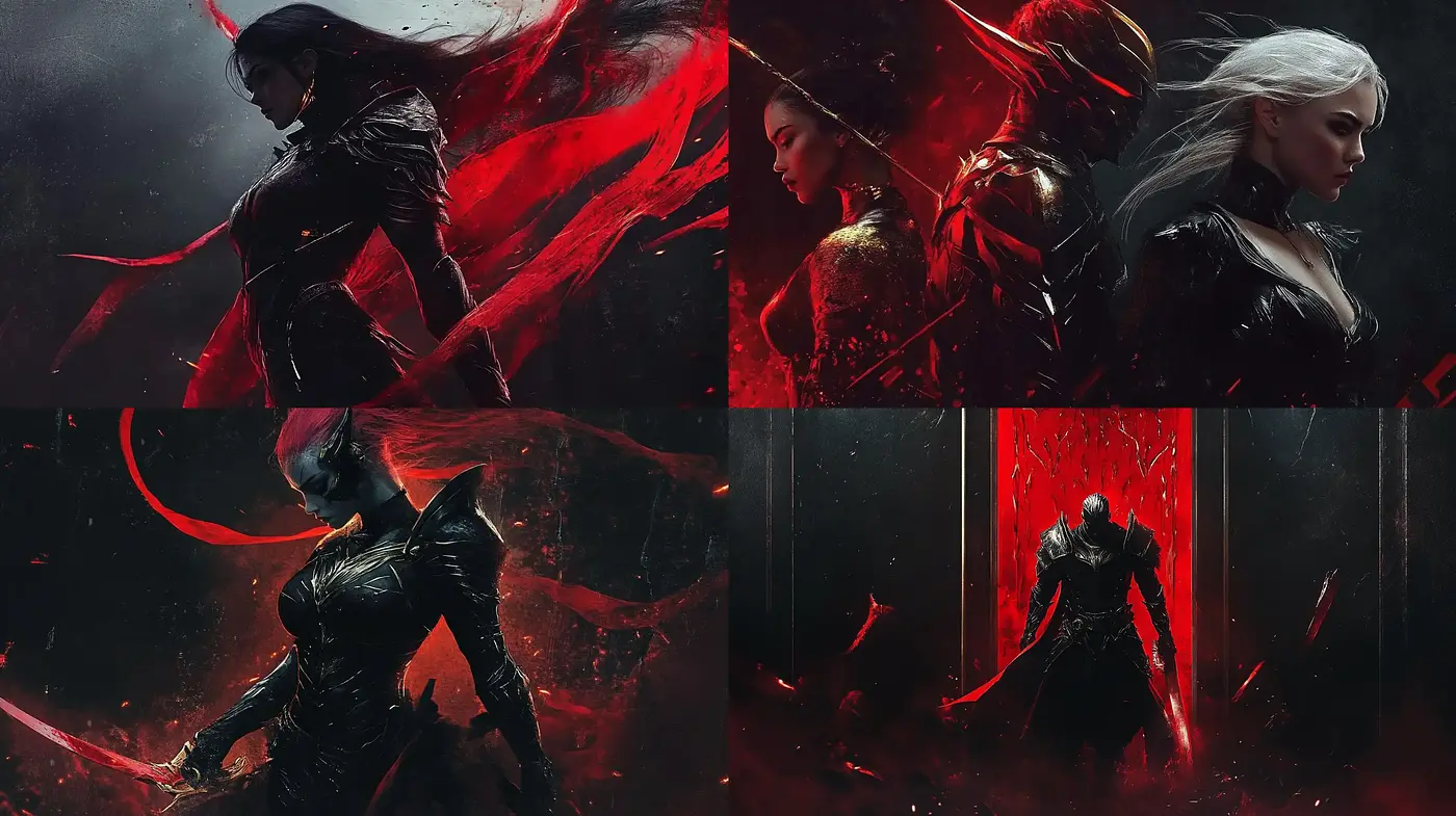 Dynamic Elegance in Crimson Shadows - Midjourney sref style