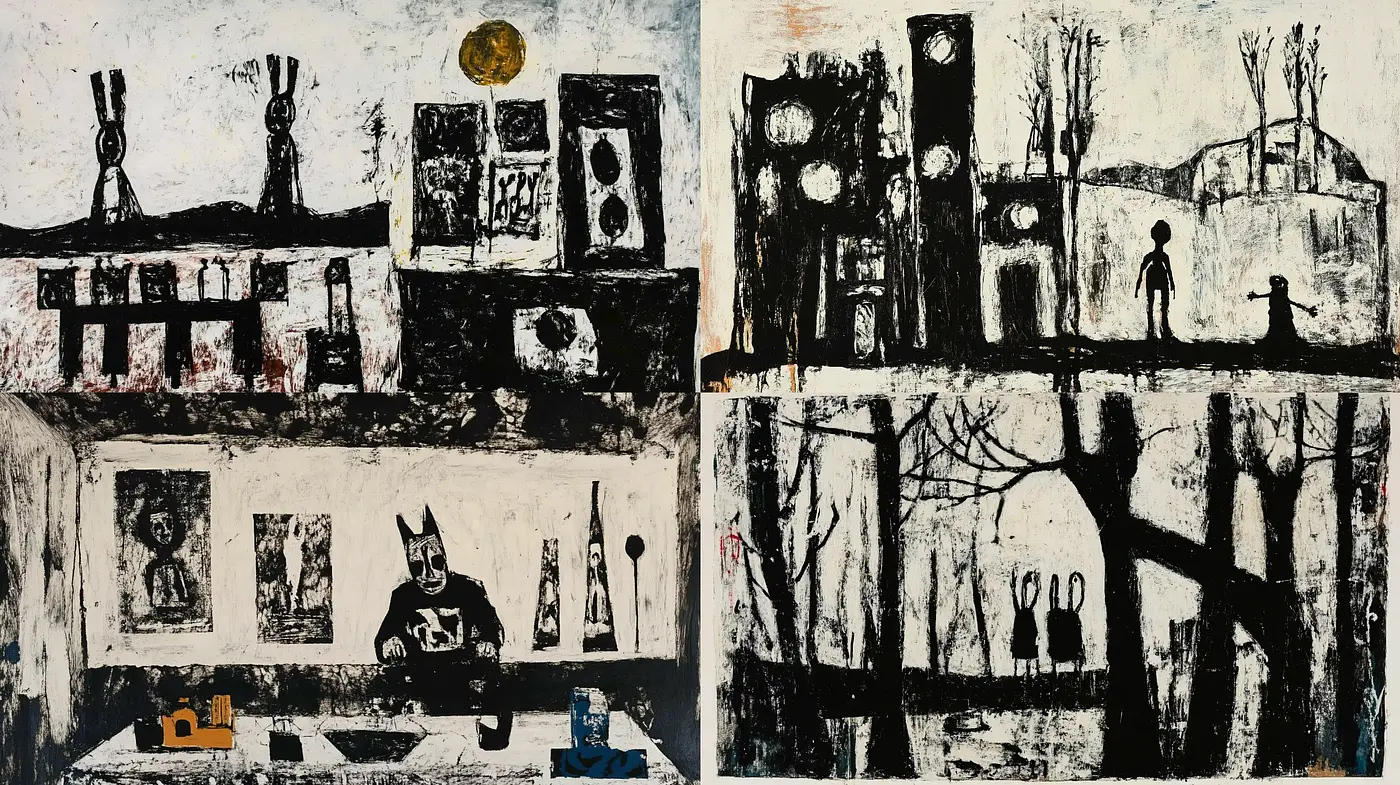 Abstract Expressionist Renderings with Grunge Textures and Simplified Forms - Midjourney sref style