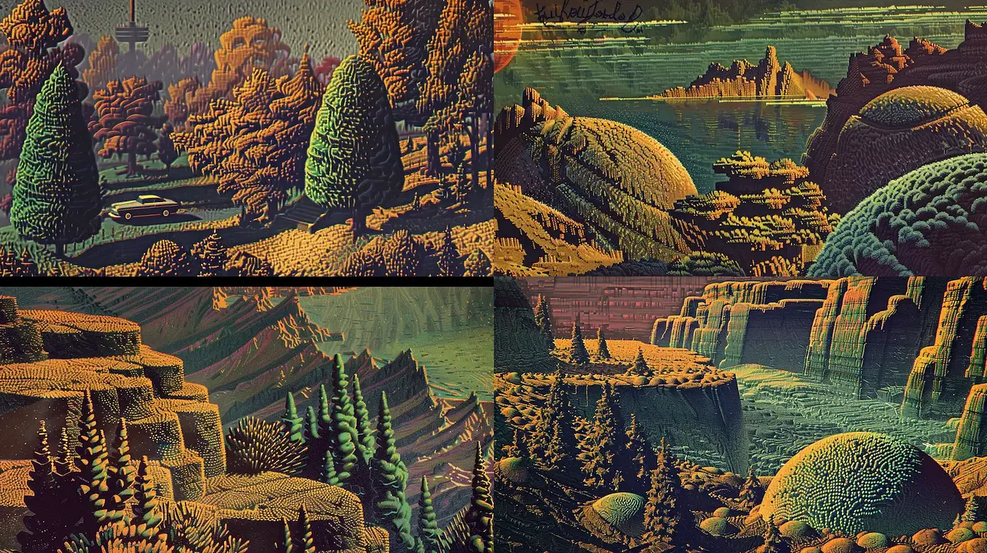 Surreal and Textured Landscape Scenes With Influences of Vintage Science Fiction - Midjourney sref style