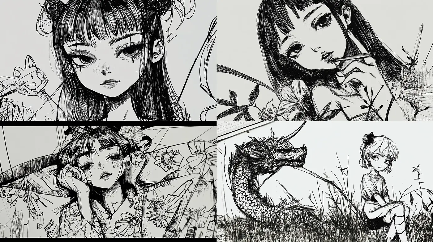 Monochrome Brushwork Essence with Anime Appeal - Midjourney sref style