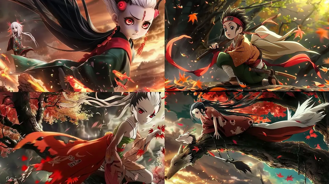 Dynamic Anime-Inspired Action Tableaux with Autumnal Vibrancy - Midjourney sref style