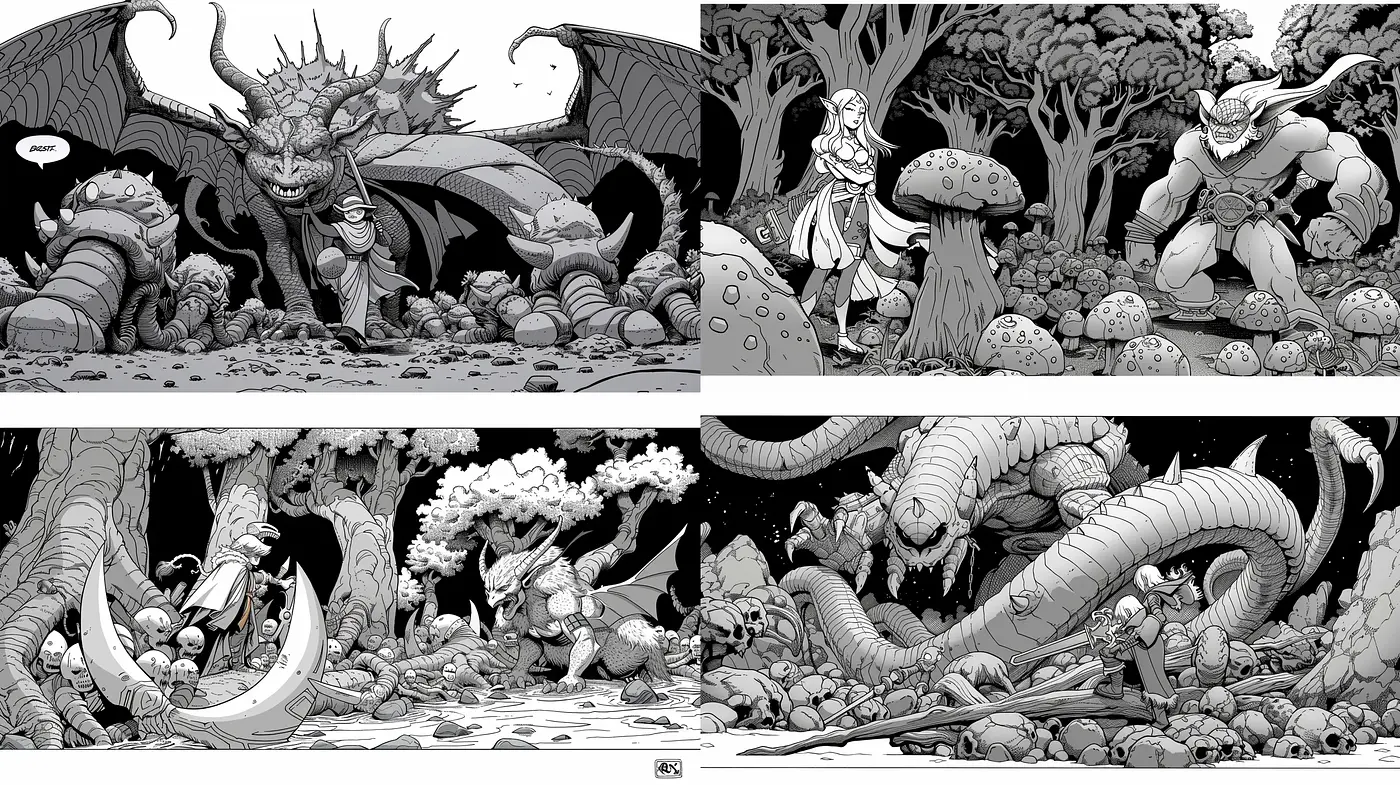 Monochromatic Fantasia: A Journey Through Stylized Mythical Encounters - Midjourney sref style