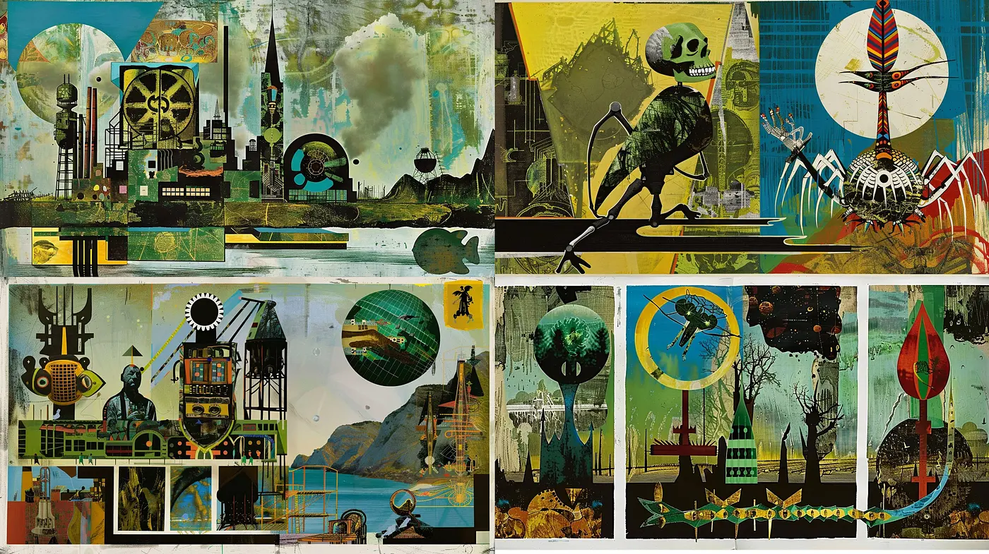 Surreal Industrial Dreamscape in a Collage of Earthy Tones and Textures - Midjourney sref style