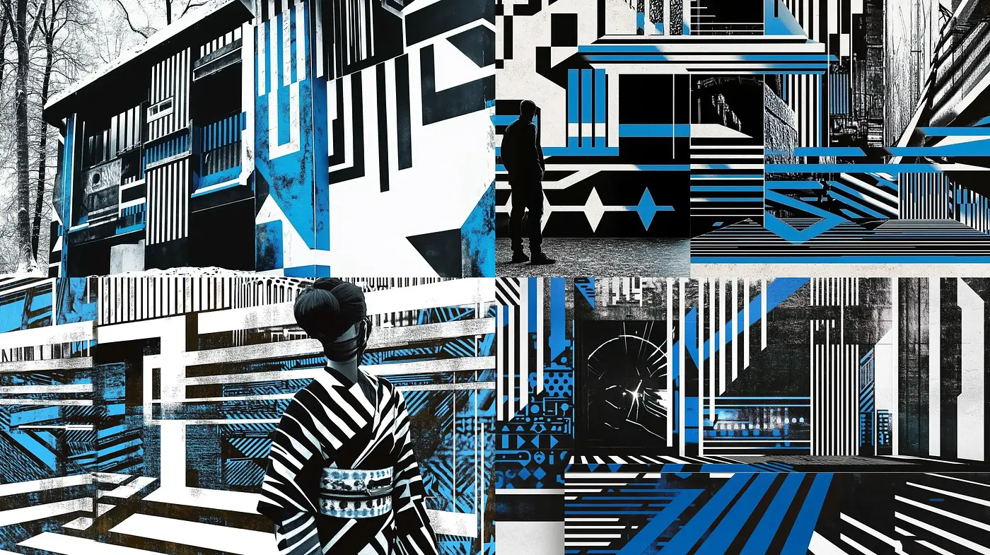 Monochromatic Urban Geometry with a Pop of Blue - Midjourney sref style