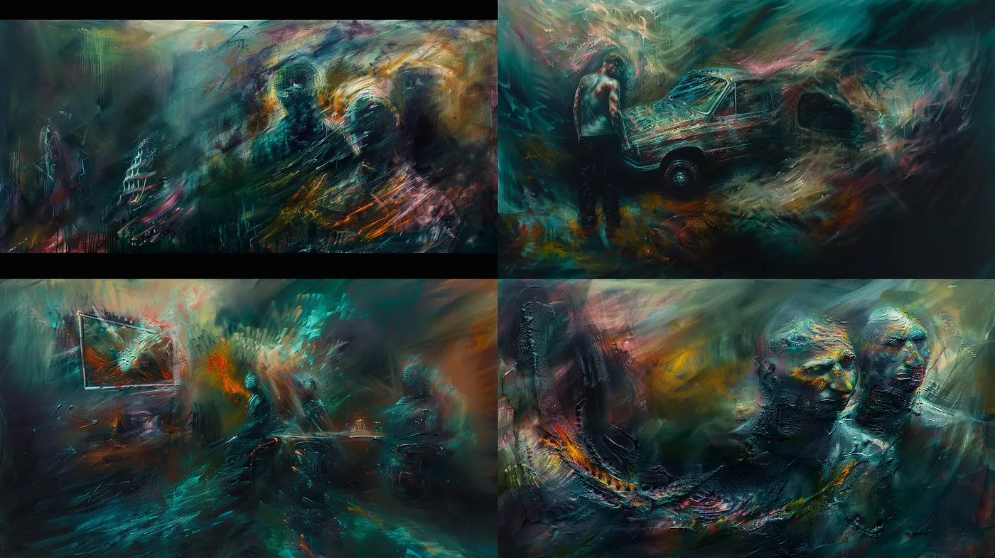 Synthetic Fusion of Chaotic Brushstrokes and Melancholic Hues - Midjourney sref style