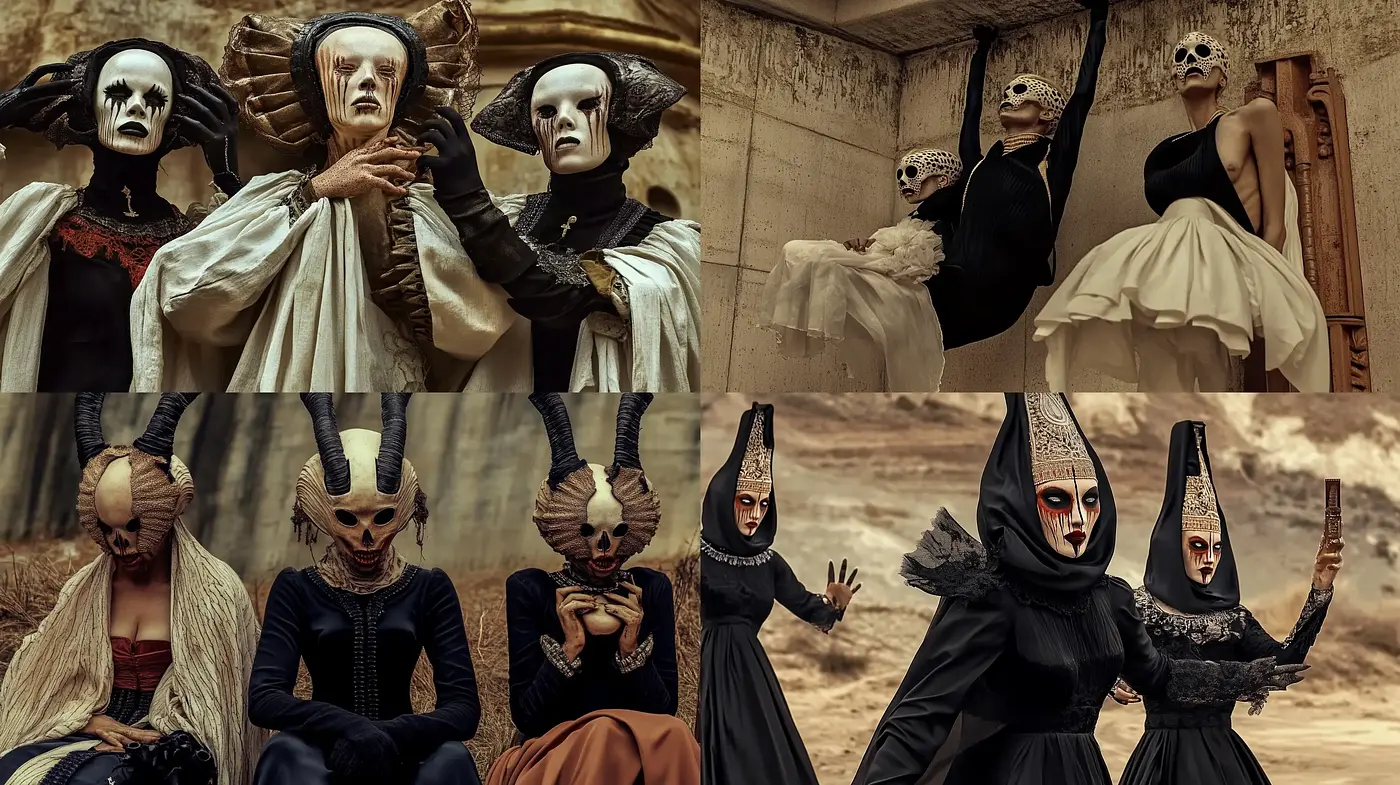 Ethereal Gothic Theater: A Surreal Masquerade in Sepia Tones - Midjourney sref style