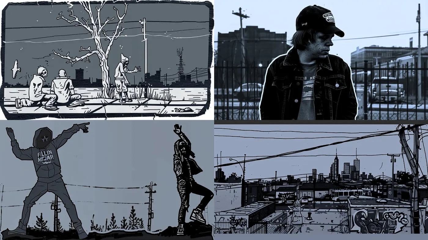 Monochrome Graphic Novel Essence with a Contemporary Urban Touch - Midjourney sref style