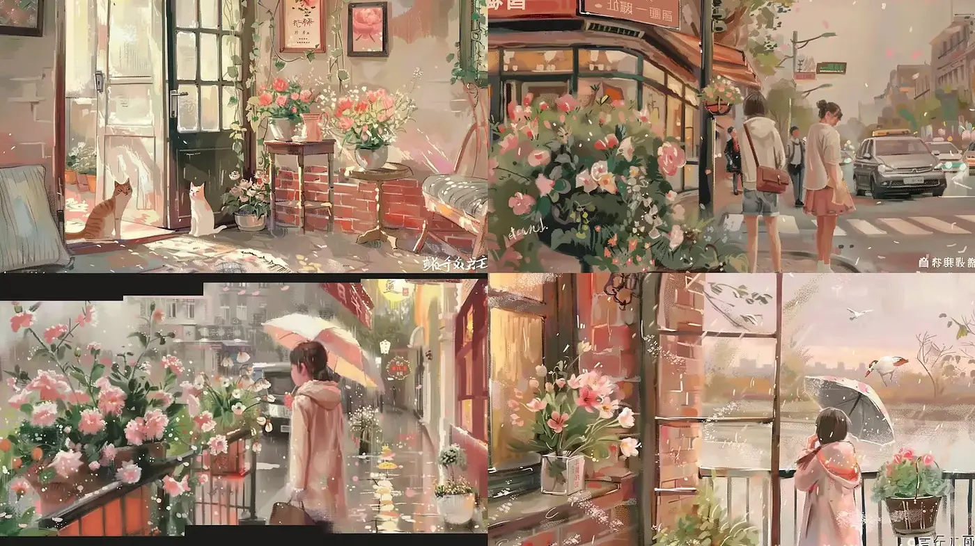 Romantic Urban Vignette with Floral Motifs and Soft Light - Midjourney sref style