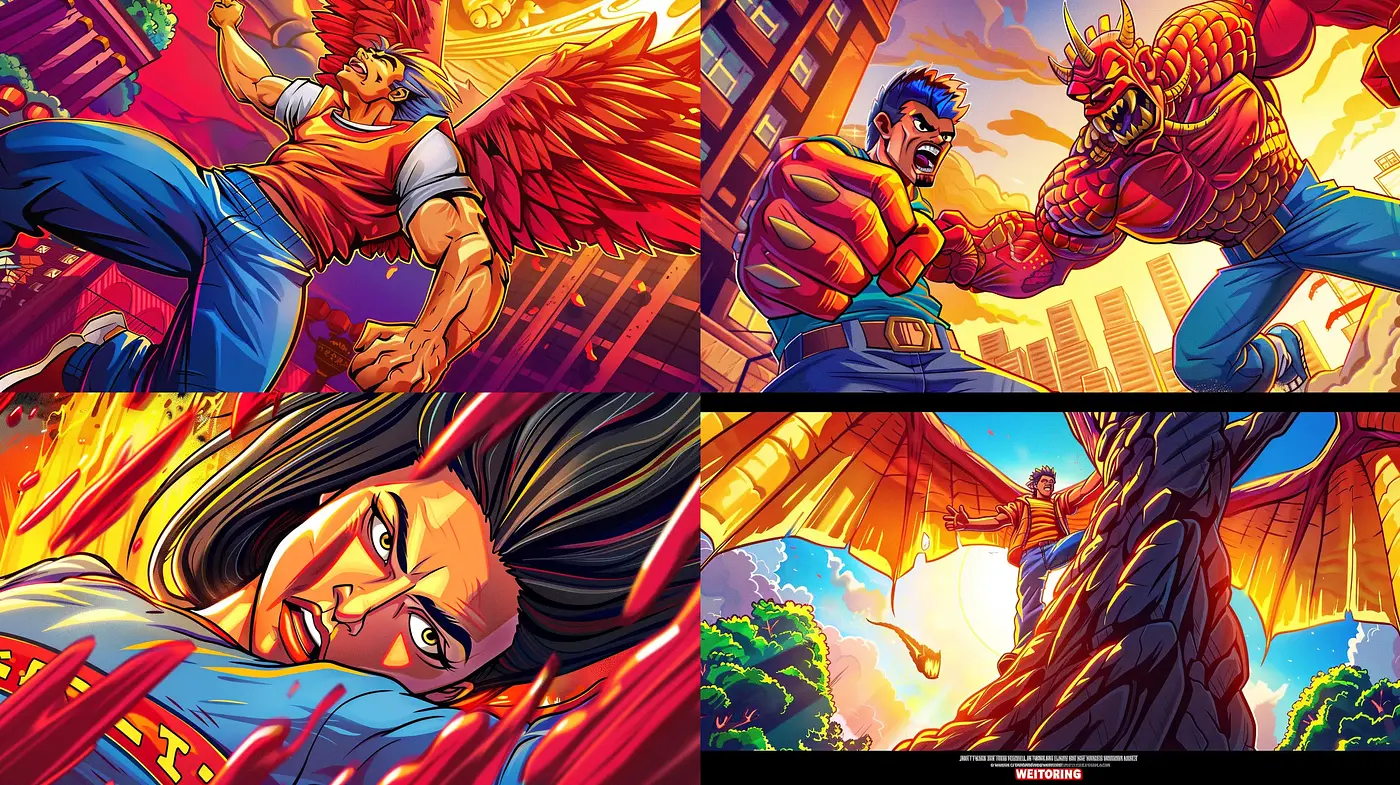 Dynamic Comic Book Spectacle: A Fusion of Vivid Colors and Action-Packed Illustration - Midjourney sref style