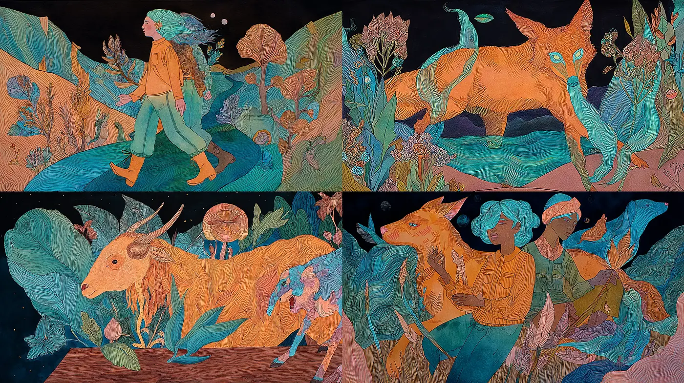 Surreal and Dreamlike Illustration Style with Nature Themes - Midjourney sref style