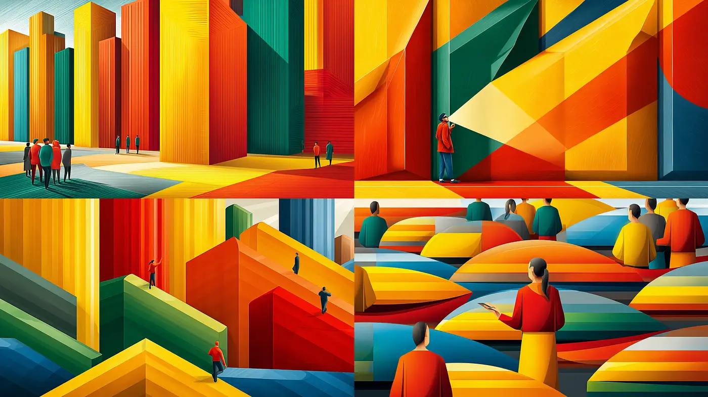 vibrant geometric abstraction with human figures - Midjourney sref style