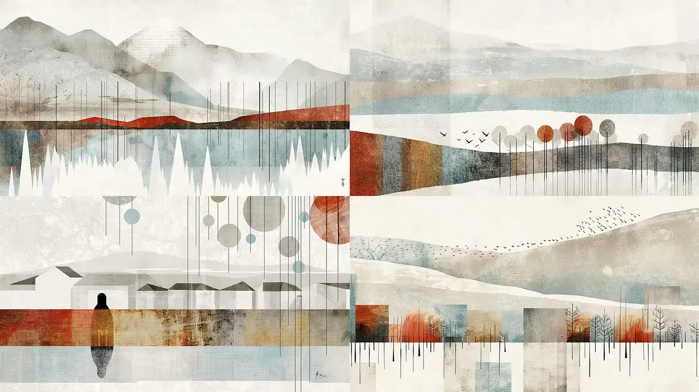 Minimalist Landscape Art with Earthy Tones and Textured Elements - Midjourney sref style