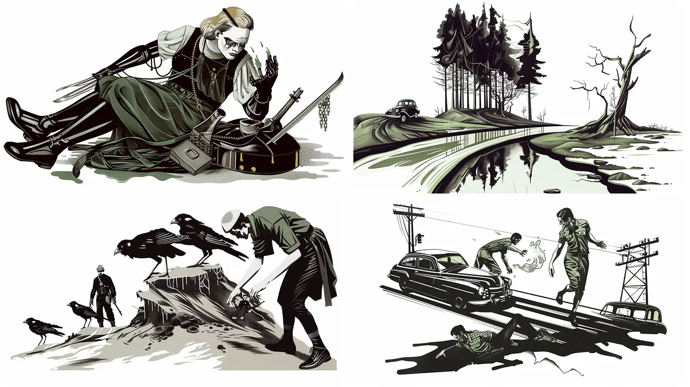 Stylized Noir-Influenced Vignettes with Monochromatic Tones and Dynamic Silhouettes - Midjourney sref style