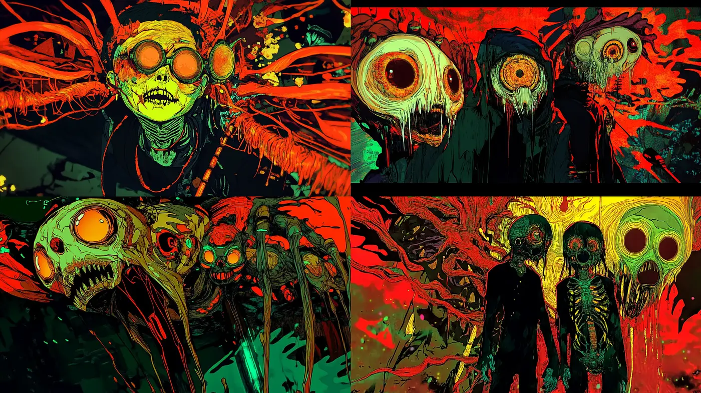 Vivid Nightmarish Vision in Surreal Hues - Midjourney sref style