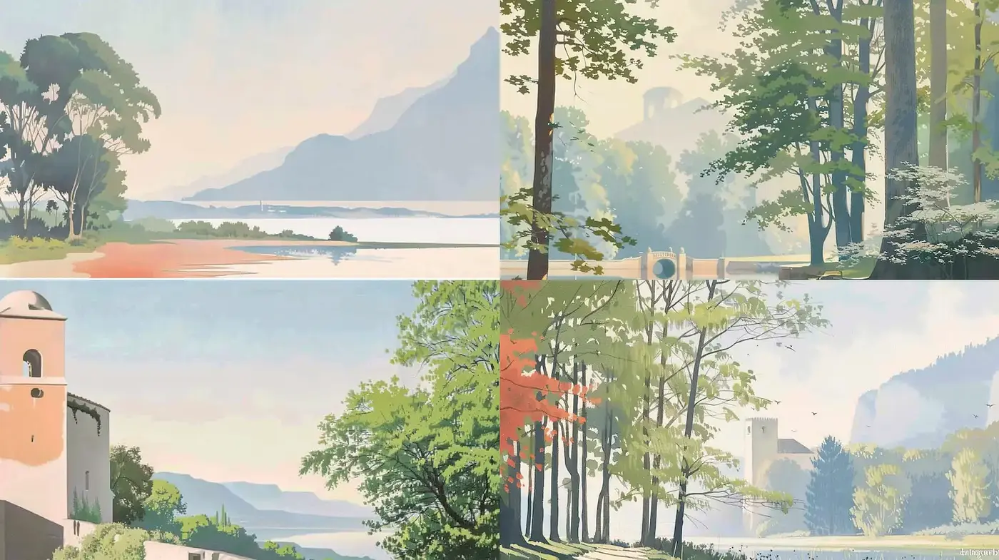 Serene and Pastoral Landscape Renderings with Soft Color Gradients - Midjourney sref style