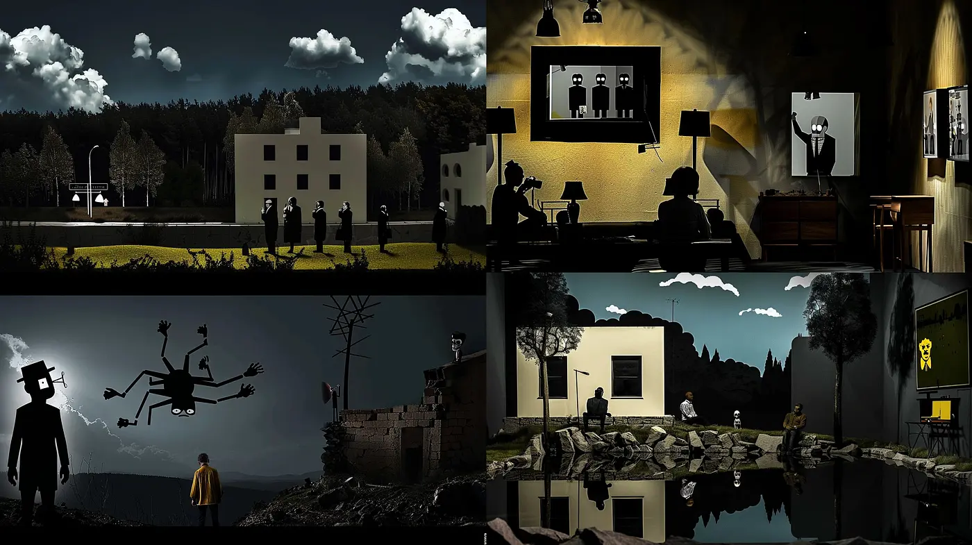 Noir Silhouettes Amidst Sepia and Shadow - The Convergence of Dark Contours and Vintage Hues - Midjourney sref style