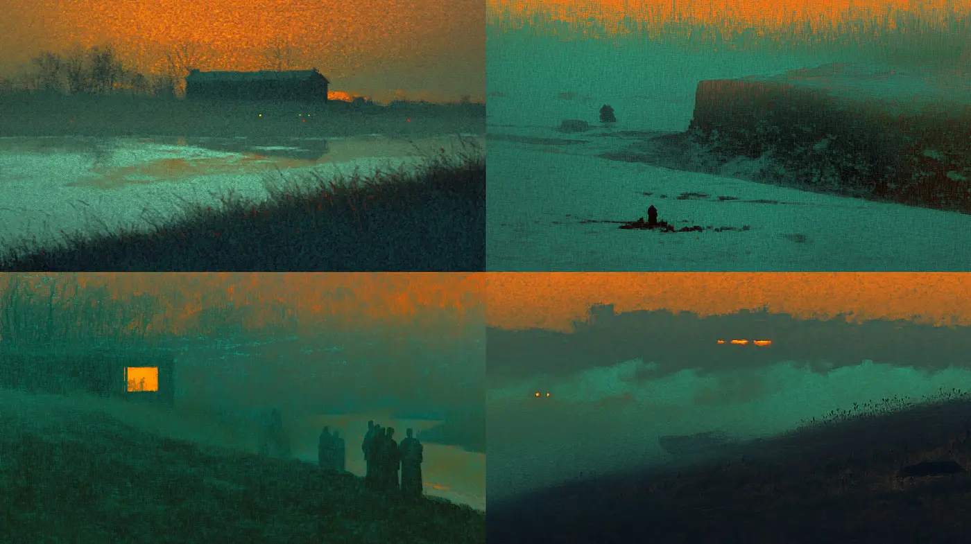 Twilight Serenity in Textured Orange-Teal Ambiance - Midjourney sref style